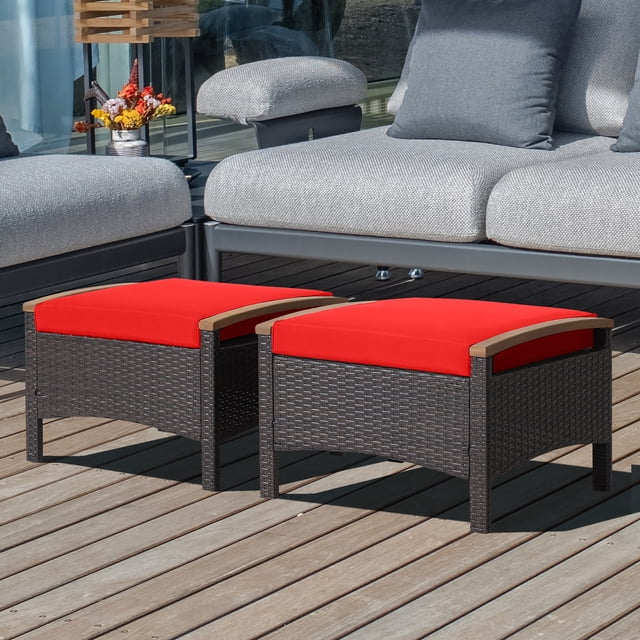 Costway Ensemble de 2 Coussins Repose-Pieds en Rotin pour Patio Poignée en Bois Rouge