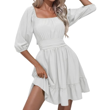 Ketyyh-chn99 Summer Dresses Women Trendy 2024 Mini Dress Party Dress Women's Floral Boho Dress Wrap V Neck Short Sleeve Belted Ruffle Hem A-Line Flowy Maxi Dresses White,M