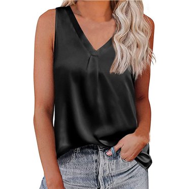 Womens Sleeveless Solid Color V-neck Satin Casual Fashion Loose Vest Top