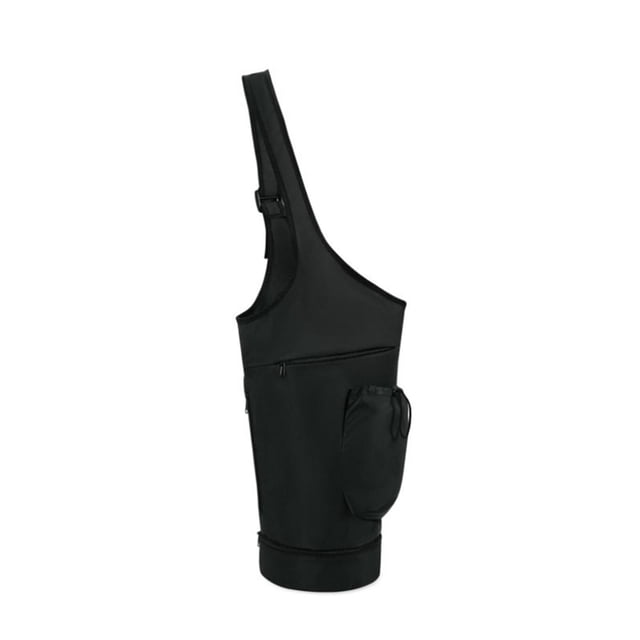 LOVIVER Yoga Mat Bag Drawstring Large Opening Carry Bag for Training Workout Fitness in black. This polyester bag features a large opening, long handles, and waterproof pockets for convenient storage of yoga mats and accessories. It includes a drawstring water bottle holder and measures 100 cm in height, suitable for most Pilates mats. The bag is designed for durability and daily use, ideal for yoga classes or on-the-go fitness routines.