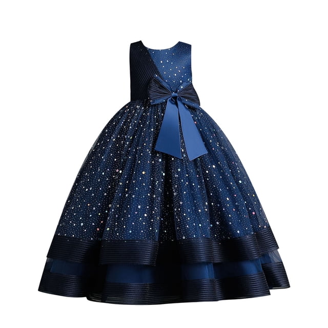 Robes Filles Robes Enfants Formelles pour Filles Robe Fille Bleu Foncé Robe d'Anniversaire Filles Robes Fille Taille Mode Filles