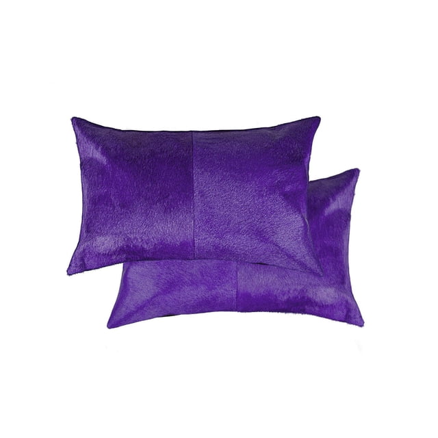 TORINO COWHIDE PILLOW 12"X20" 2-PACK showing two rectangular purple cowhide pillows with natural hair texture, hand-stitched panels, and hidden zipper closures, designed for layering in home décor and adding warmth and style.