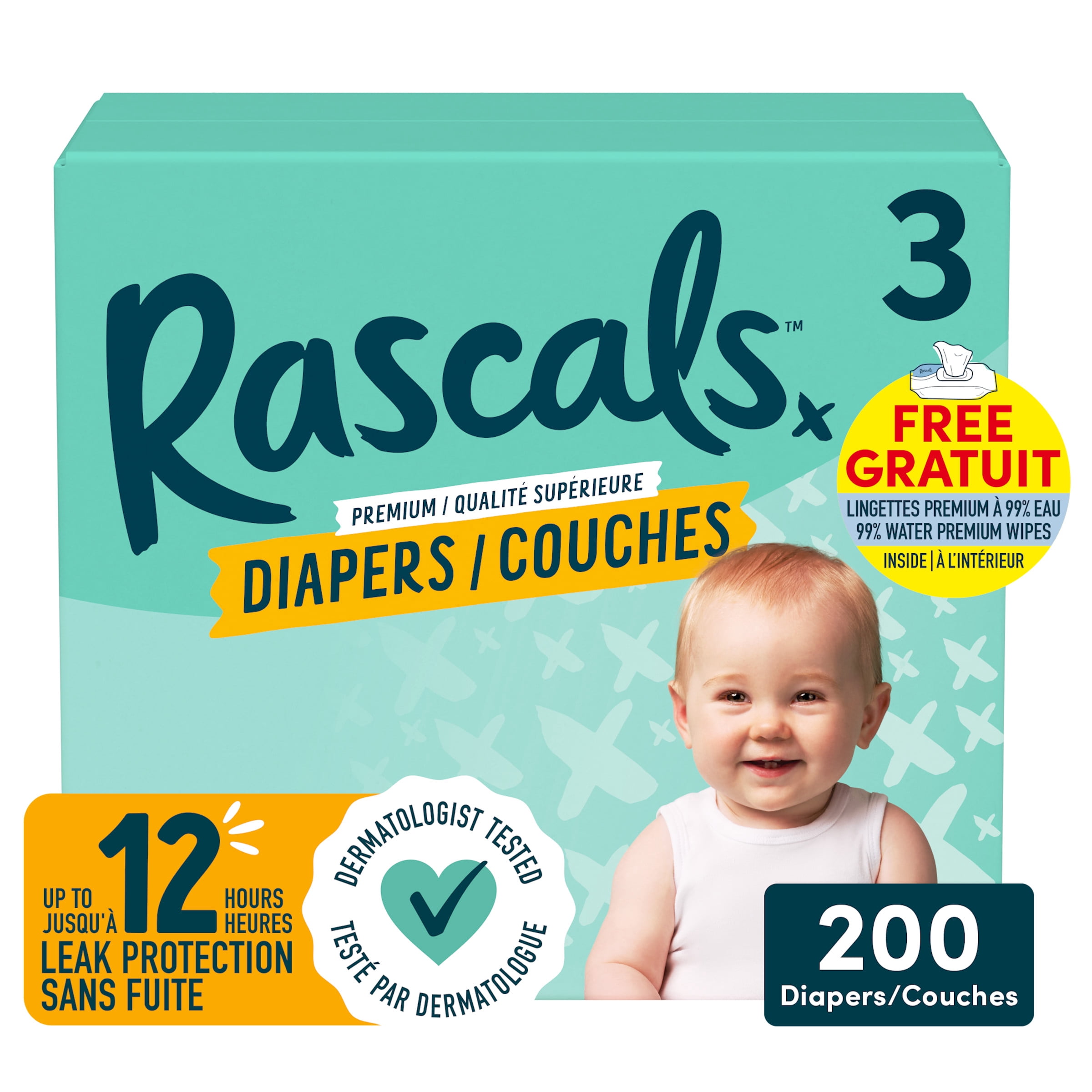 Couches Rascals Premium, taille 3, 200 unités, incluant 5 paquets de Lingettes premium à 99% eau