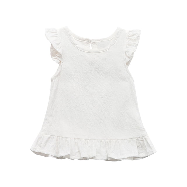 LLYWEY Toddler Girls Ruffle Tops, Baby Girl Linen Ruffles Hem Sleeveless T-Shirts, Kids Solid Color Keyhole Back Summer Round Neck Sleeveless Loose Casual Blouses Shirts, Style-T-12, White, 3T