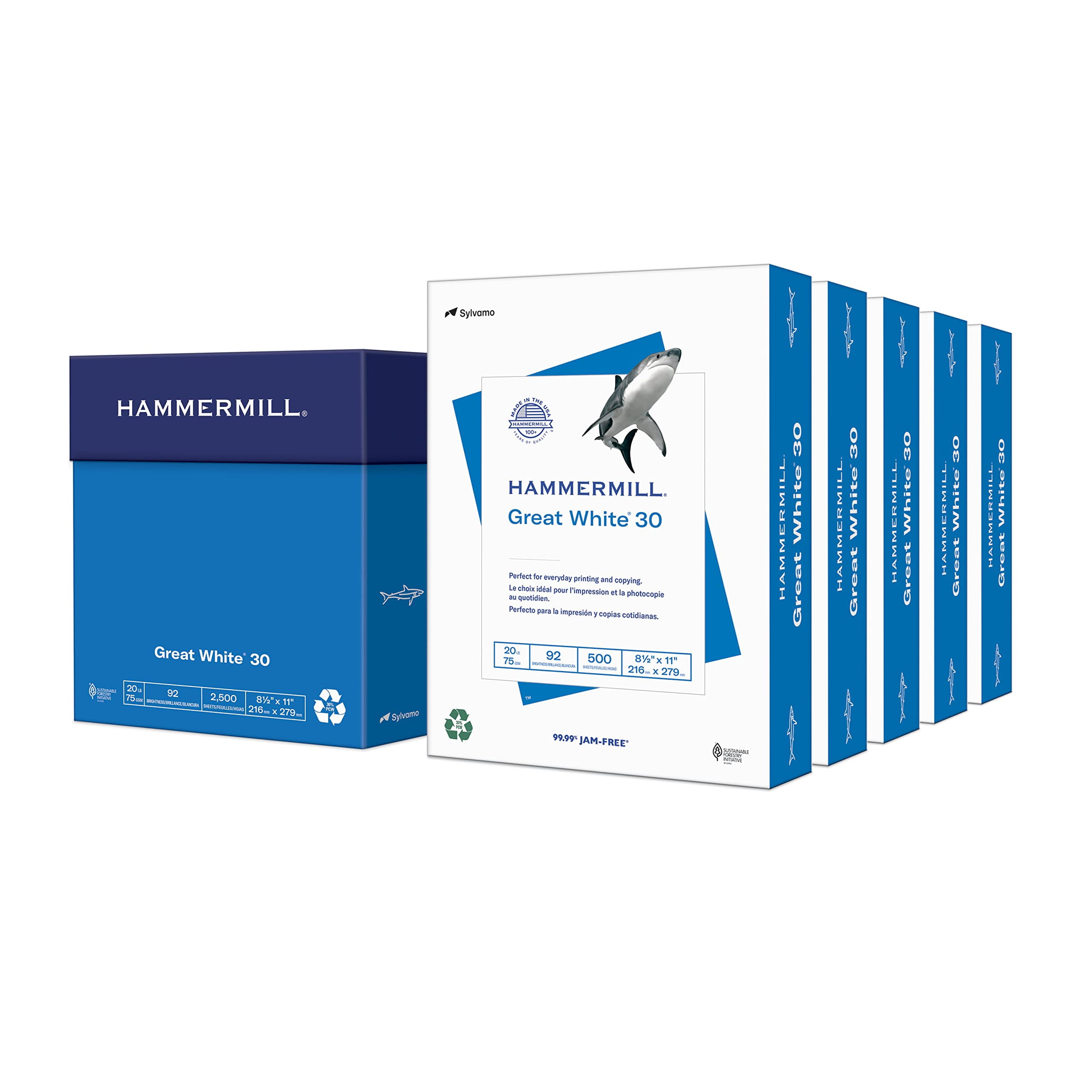 Hammermill Printer Paper Great White 30% Recycled Paper 8.5 x 11 - 5 Ream (2 500 Sheets) - 92 Bright Made in the USA
