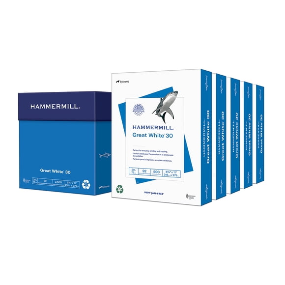 Hammermill Printer Paper Great White 30% Recycled Paper 8.5 x 11 - 5 Ream (2 500 Sheets) - 92 Bright Made in the USA