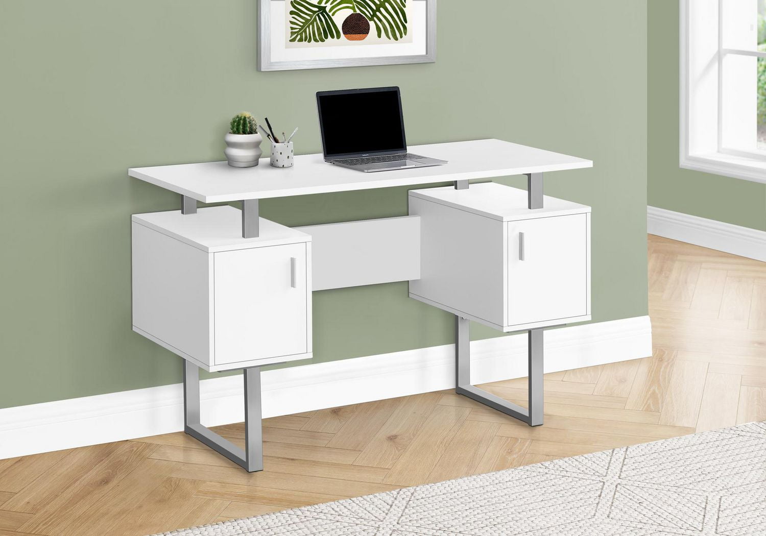 Monarch Specialties Bureau, Bureau À Domicile, Ordinateur Portable, Rangement, 48"l, Travail, Métal, Stratifié, Blanc, Gris, Contemporain, Moderne