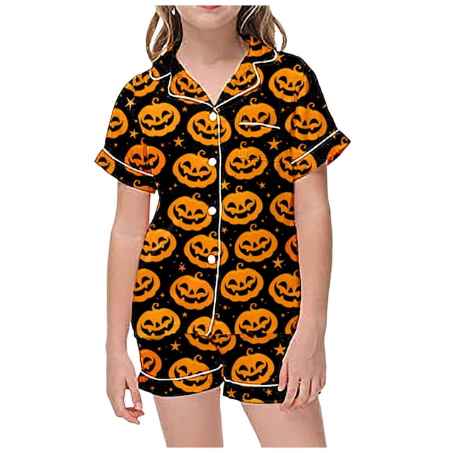 WEAIXIMIUNG Children's Leisure Printed Button Collar Short Sleeved Top Shorts Pajama Set 6-7 Years