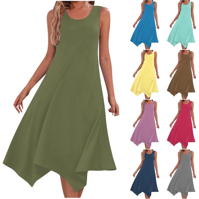 Gspmoly Robe pour Femme, Robes pour Femmes Sans Manches à Col Rond avec Cordon, Robe Décontractée à Volants Évasée Courte, Robes de Travail pour Femmes jusqu'à 60 % de Rabais