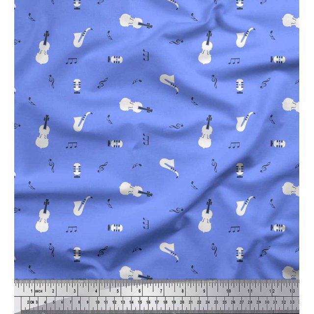 Soimoi Polyester Crepe Fabric Notes,Guitar & Saxophones Musical Instrument Print Fabric by The Yard 52 Inch Wide