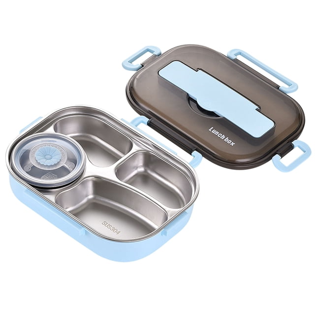 Agiferg Thermal Insulation Bento 4 Grids With Soup Bowl Lunch Box Tableware Set in blue, made of plastic and stainless steel. Features four compartments and a soup bowl with a sealing lid for fresh-keeping. Includes a flexible lock catch and handle for portability. Ideal for food storage at outdoor events, picnics, offices, and schools.
