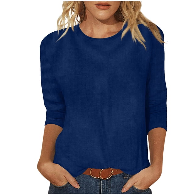 Penkiiy Hauts pour Femmes Manches 3/4 Col Rond Blouses Décontractées Amples 2TG Bleu