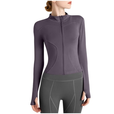 Timegard Womens Workout Jackets Full Zip Cropped Top Slim Athletic Running Jackets with Thumb Holes