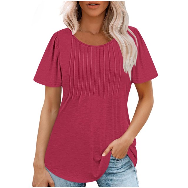 Dealovy Hauts d'Été pour Femmes Chic Décontracté Manches Courtes Plissées Col Ras du Cou T-Shirts Amples Unis Tuniques pour Dames