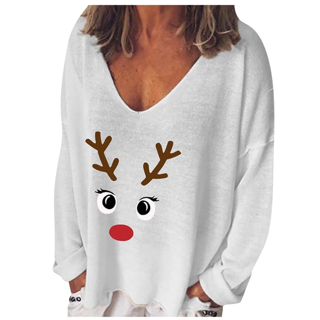 Mode Femme Décontractée Imprimé Col en V T-shirt Manches Longues Ample Blouse Chandail