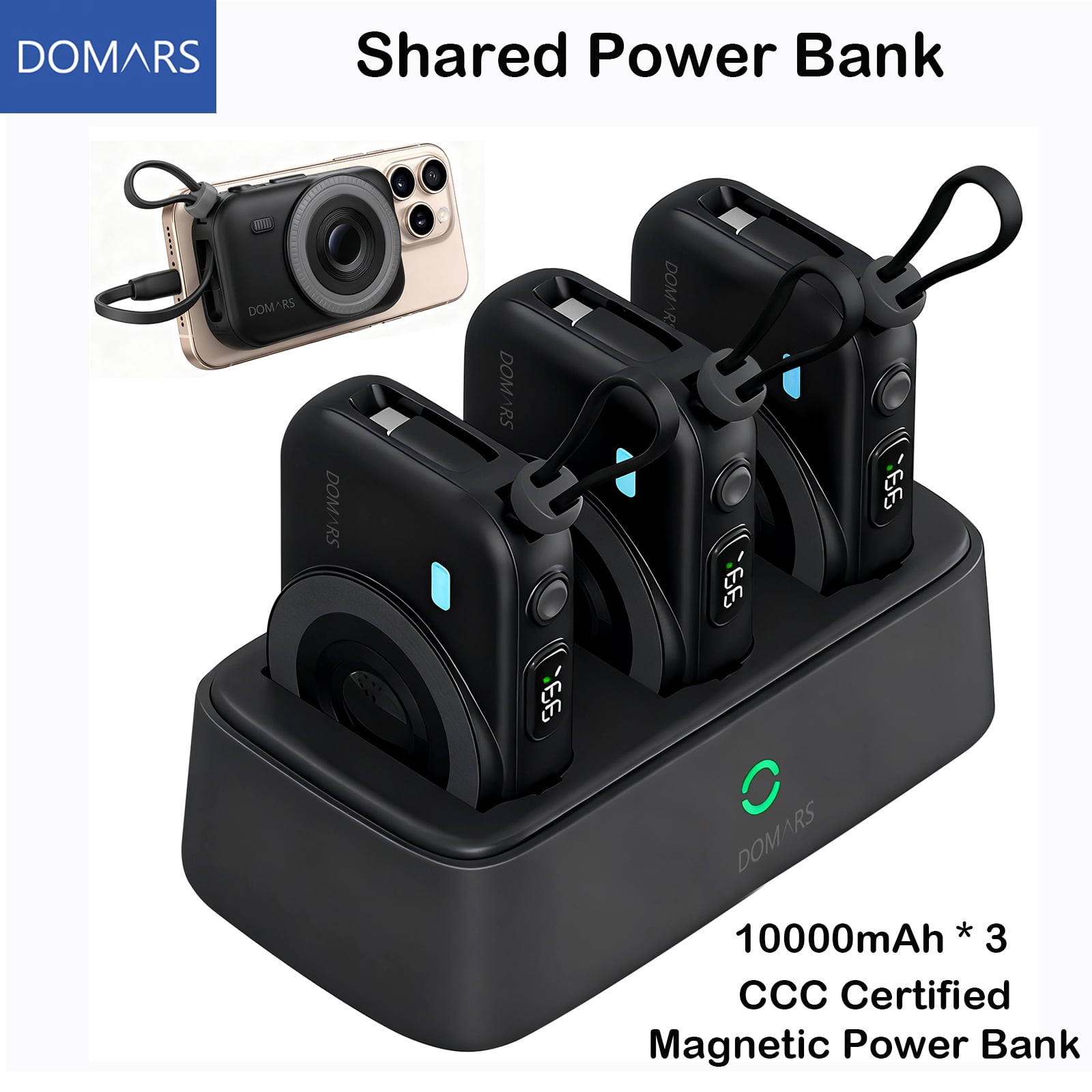 Domars 3pcs 10000mAh Magnetic Power Bank Set, 22.5W Fast Charging Portable Charger with Charging Base, Built-in Type-C & Lightning Cable, Strong Magnetic Adsorption for Home Office Travel