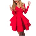 thumbnail image 1 of Pompotops Robe de Soirée Femme Mode Aguichant Élégante Col en V Profond Couleur Unie Manches Longues à Volants, 1 of 8