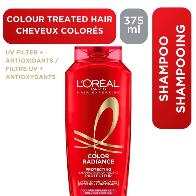 Color Radiance, Color Protect Shampoo, 375 ml by L'Oréal Paris, a red bottle with gold logo and white text, enriched with UV filter and antioxidants to protect colour treated hair and maintain hair dye vibrancy.