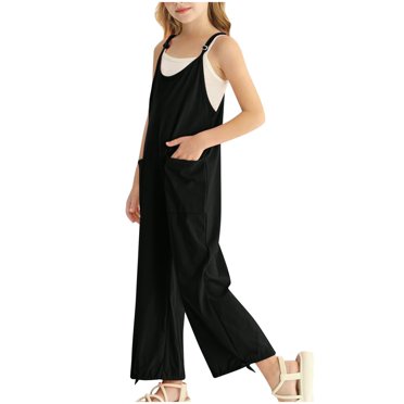 MIASHUI Girls Jumpsuits Sleeveless Casual Overalls Kids Spaghetti Strap Loose Romper with Pocket,Black,7-8 Years