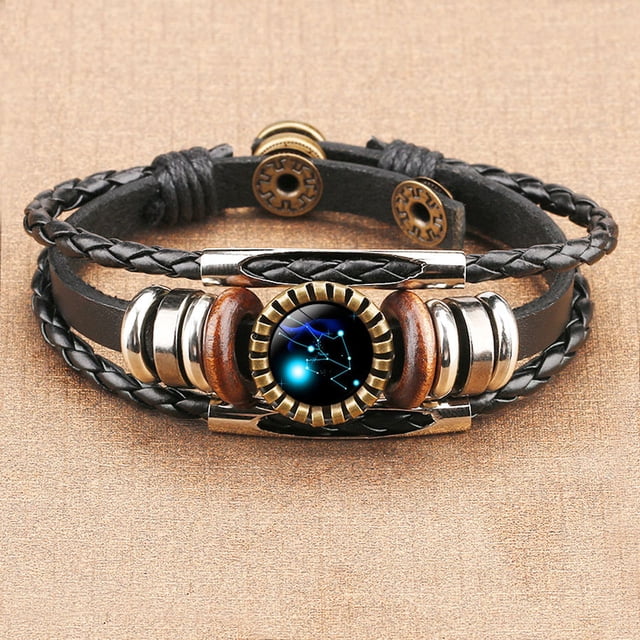 TopLLC Bracelets 12 Constellation Bracelet Leather Rope Bracelet Ladies Men Hand Woven Rope Bracelet Punk Chain Cuffs a Bracelet