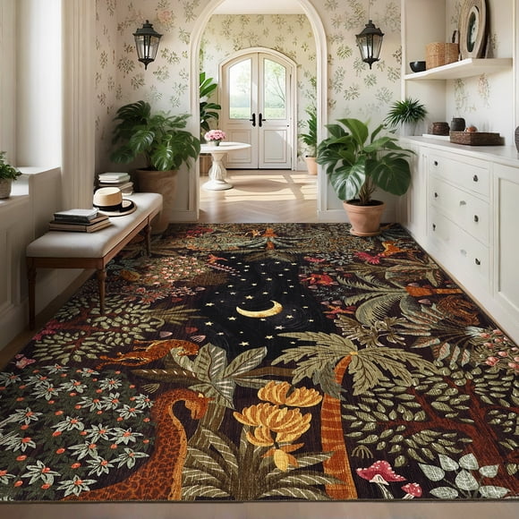 10x13 Jungle Animal Washable Area Rug, Non-Slip Soft Kids Carpet with Forest Botanical Print for Living Room, Bedroom, Playroom and Nursery, Brown