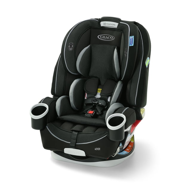 Graco 4Ever All-in-One Convertible Car Seat in black and grey mesh fabric with 10-position adjustable headrest, 5-point harness, dual cup holders, and 6-position recline, designed for children from 4 to 120 lb with easy installation and long-term use.