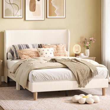 Bestier Full Upholstered Bed Frame with Adjustable Arc-shaped Headboard, LED Platform Bed