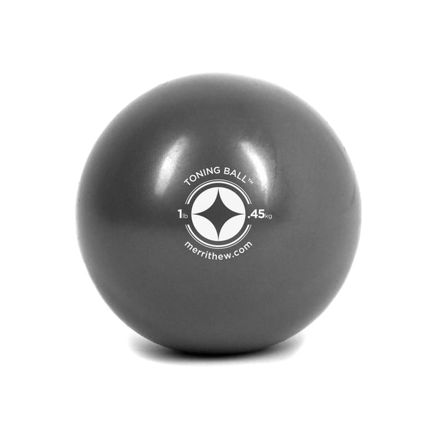 Merrithew Toning Ball (Gray), 1 lb, a smooth, round exercise ball with a matte gray finish and white printed weight and brand logo, designed to increase workout intensity and muscle tone, ideal for adding resistance to fitness routines and improving shoulder stability.