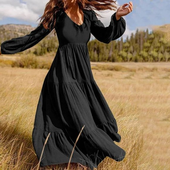Women‘s Long Sleeve Crew Neck Maxi Dress Solid Color Tie Neck Casual High Waist Ruffle Hem Boho Flowy Long Dress