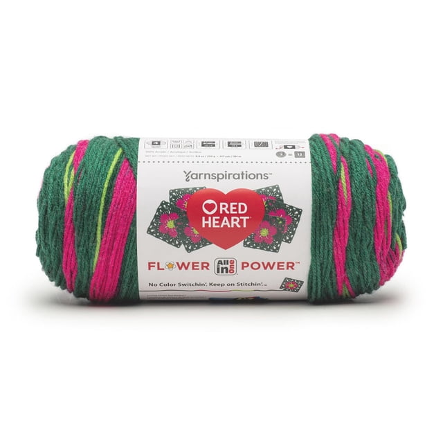Red Heart® All In One Flower Power™ #4 Worsted (Medium) Acrylic Yarn skein with green, pink, and yellow engineered stripes, designed for crocheting continuous floral motifs with fewer color changes and ends to weave in.