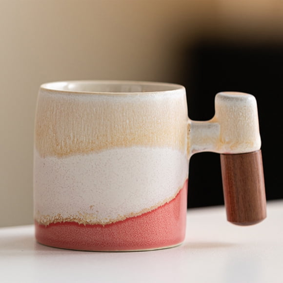 MTBLYS Gradient Wood Handle Coffee Cup| Rough Pottery Ceramic| 3.3X2.1In Small Cup| Wooden Grip Mug| Sea Theme| Multicolor| Tea Coffee Drinking