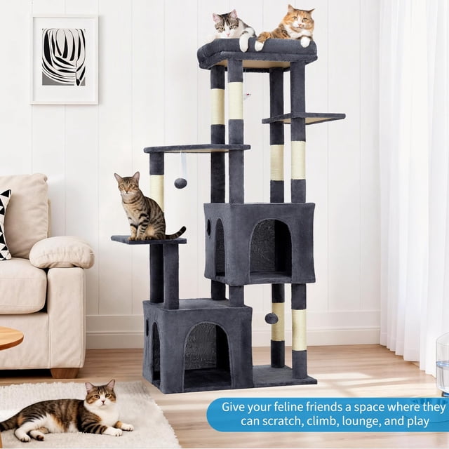 Yiwa Multi-Level 61" Cat Tree Tower, Sturdy Modern Cat Furniture for Large Cats and Maine Coons, Featuring Jumbo Perch, Two Spacious Condos, Sisal Scratching Posts, and Hanging Balls