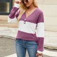 thumbnail image 4 of Lenpel Women's Tunic Tops Long Sleeve V Neck Quarter Button Color Block Ribbed Knit T Shirts Casual Loose Lightweight Sweaters(Purple,Small), 4 of 7