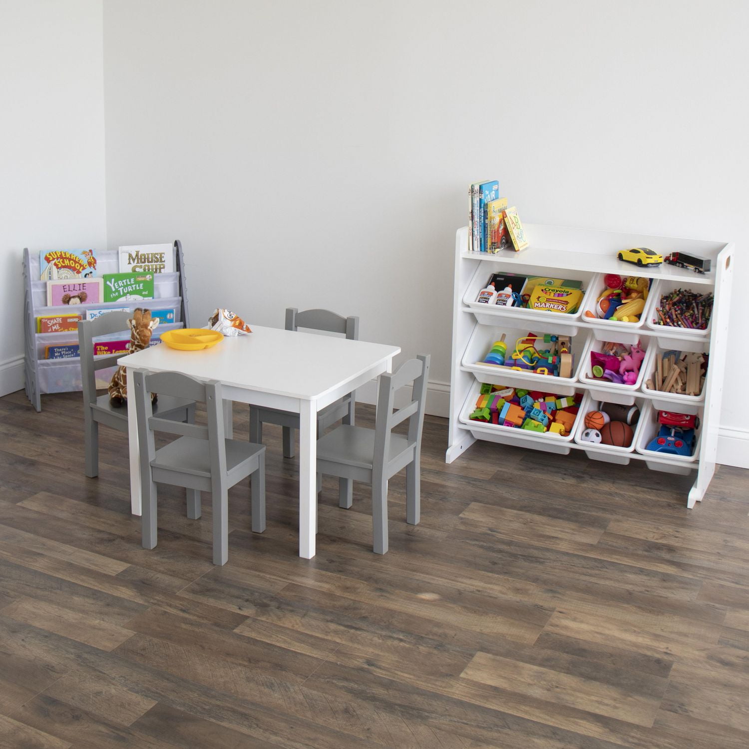 Système de rangement pour jouets avec tablette et 9 bacs de rangement, blanc