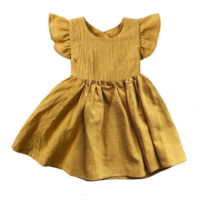ShomPort Summer Skirt for Girls Linen Sleeveless A-Line Crewneck Ruffle Cozy Breathable Solid Color Holiday Dress
