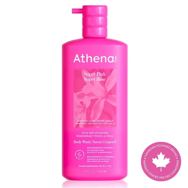 Athena Club Skin Replenishing Body Wash Super Pink 532mL bright pink bottle with pump dispenser, featuring floral label with Mandarin, Island Orchid, and Vanilla scent notes, enriched with niacinamide and vitamin C to hydrate and brighten skin, dermatologist tested and Canadian founded brand.