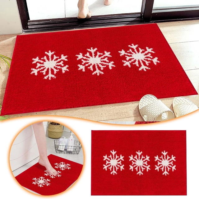 Yhmxh Bathroom Rugs Red White Snowflake Bathroom Rugs 24W X 16L Non-Slip Rubber Machine Washable Soft Absorbent Bath Mat Rug Festive Bathroom Floor Mat Living Room Rug Bath Mat