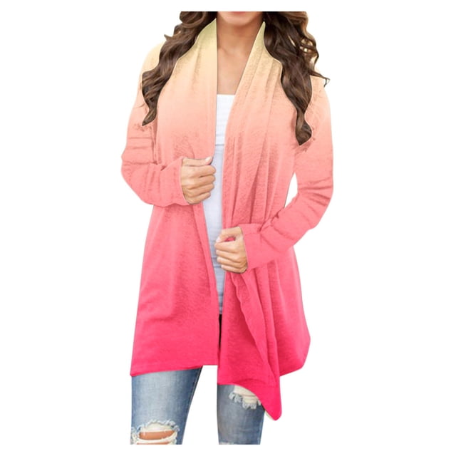Yuyuzo Long Cardigan for Women Gradient Color Open Front Draped Tops Fall Winter Casual Cardigan