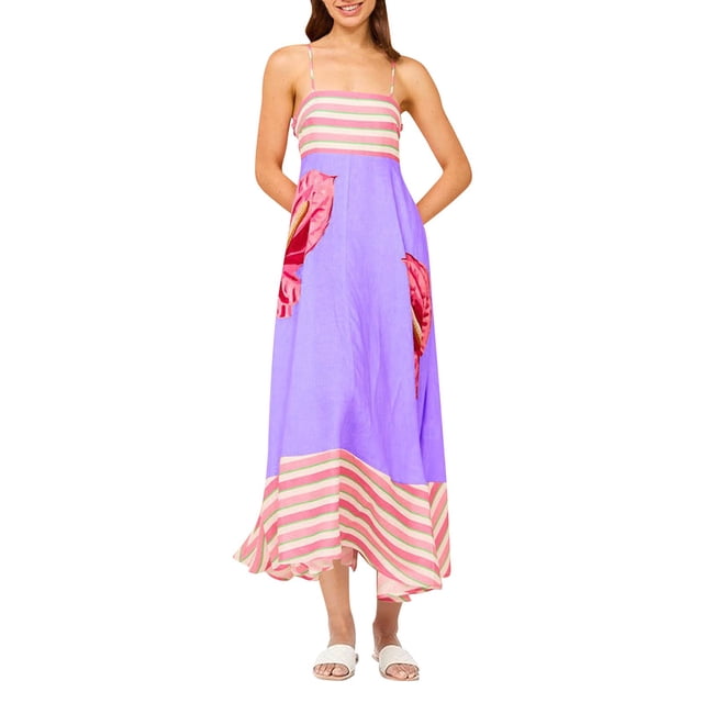 Ovzne Robes pour Femmes Robe d'Été Mode Robe d'Été pour Femmes Unie Camis Sans Manches Col Rond Aguichant Longue Robe Grande Taille Robe Maxi Imprimée Liquidation