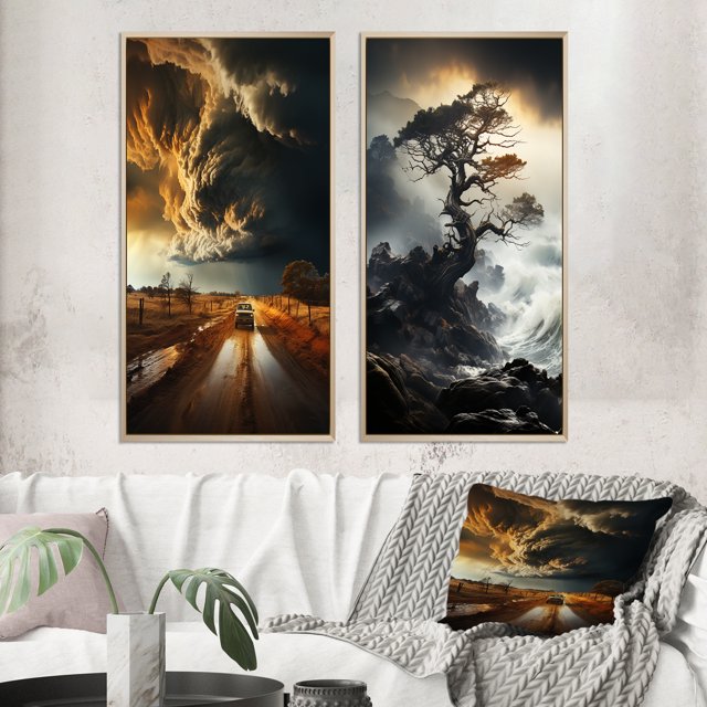 Designart "Storm Raging SPIRAL I" Storms Framed Wall Art Set Of 2 - Grey Landscapes Gallery Wall Frame Set For Home Decor