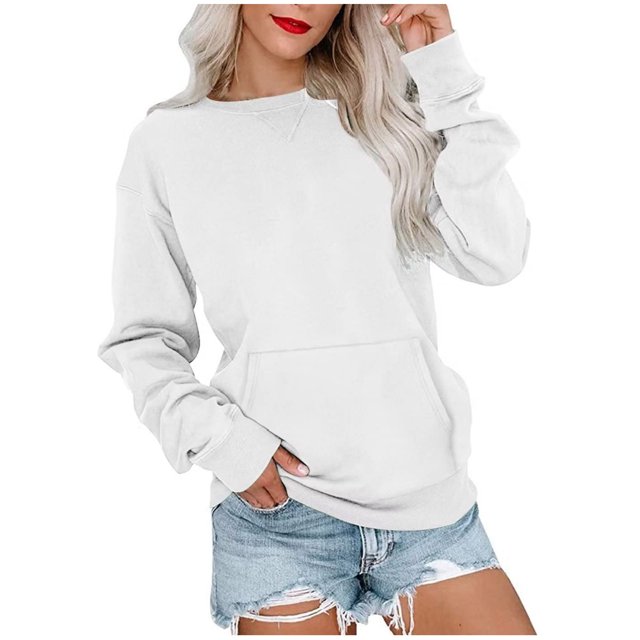 Pulls à Manches Longues pour Femmes Blouses à Manches Longues Mode Féminine Solide Ample Col Rond Blouse à Manches Longues avec Poche Pull Blouses à Manches Longues pour Femmes Hauts à Manches Longues