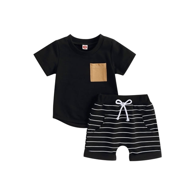 Kmbangi Ensemble 2 Pcs Shorts d'Été pour Bébés Garçons, T-shirt à Manches Courtes Col Rond + Shorts Rayés Tenue de Fête Décontractée 0-4 Ans