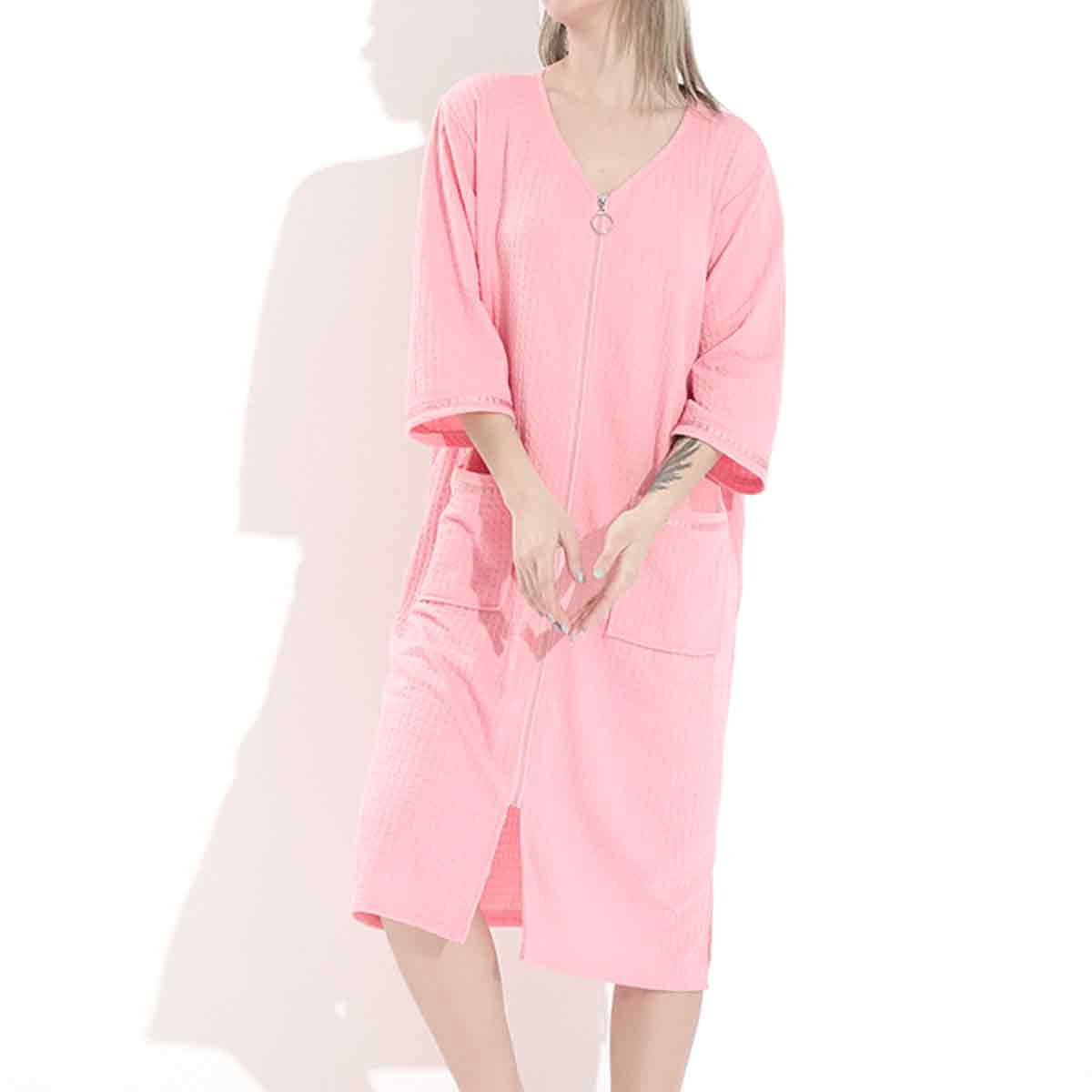 Women Robe Zipper Front House Coat 3/4 Sleeve Nightgown Bathrobe