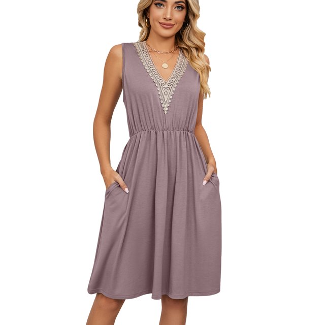 Beautyin Robe de Printemps/été Couleur Unie Col en V Dentelle Patchwork Sans Manches avec Poches et Taille