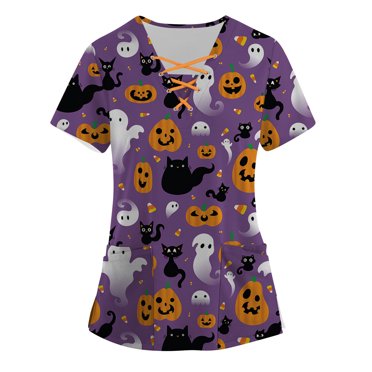 TIMIFIS Sarraus pour Femmes Hauts d'Halloween Squelette Citrouille Hauts Blouse Imprimé Fantôme Uniformes et Sarraus pour Femmes Infirmière Tenue de Travail Extensible T-Shirts Décontractés de Fête Blouse Hauts de Sarraus avec Poches-Violet