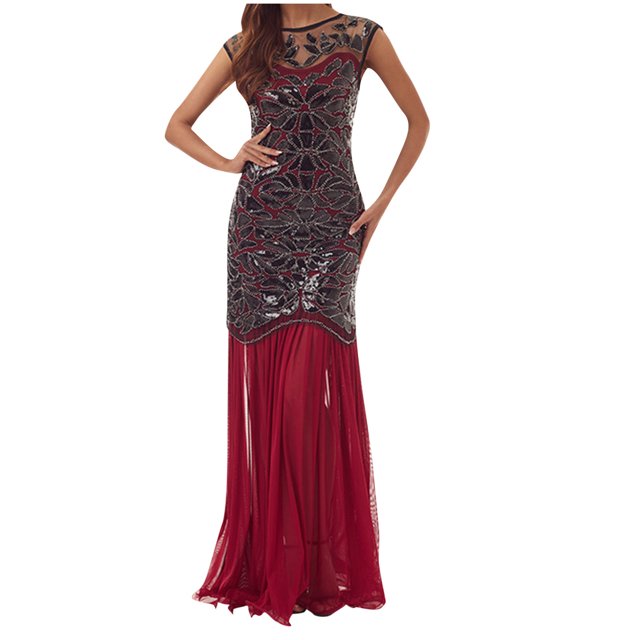 Mrat Off Shoulder Dresses Mode Femmes Confortable Décontracté Assemblé Gaze à Paillettes Manches Courtes Col Rond Robe Longueur Cheville Longues Robes pour Femmes Formel S-715 Bordeaux S