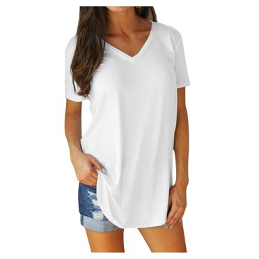 Hiiyo T-Shirt Décontracté Ample pour Femme, Uni, Col en V, Manches Courtes, T-Shirt Tee, Blanc G