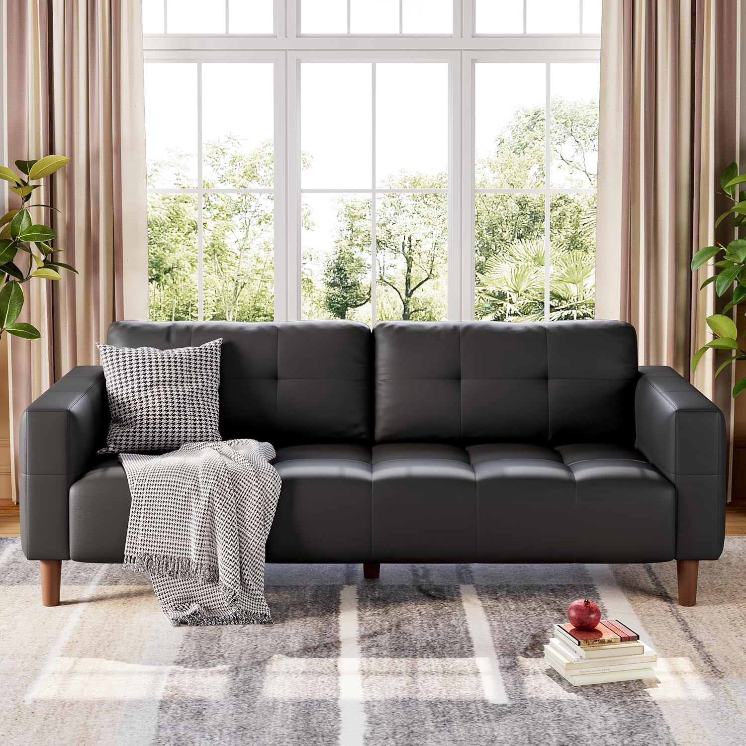 3-Seater Sofa Couch, 83 in Wide Faux Leather Sofa Couch with Spring Cushion, Modern Sofa with Deep Seats and 2 Removable Back Cushions, for Living Room, Bedroom, Apartment, Office, Black