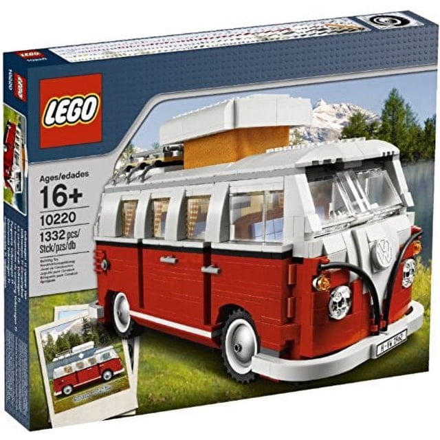 LEGO Creator Volkswagen T1 Camper Van 10220 building set featuring a multicolour design with 1,322 pieces. The model includes 11 windows, plaid-print textile curtains, a wing mirror, and a rear door that opens to reveal a detailed engine. The interior features a rear bench seat that transforms into a bed, a 'Make LEGO Models, Not War' T-shirt, and a rear shelf with a plant. The assembled van measures 11.8 inches (30 cm) long and 5.5 inches (14 cm) high. Suitable for ages 16 and up.