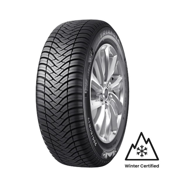 TRIANGLE SEASONX TA01 175/70R14 88T Tire shown in a 3/4 profile view with detailed all-season tread pattern and sidewall markings, including the RAC Three Peak Mountain Snowflake symbol for winter certification, offering reliable traction and long tread life in wet and snowy conditions.